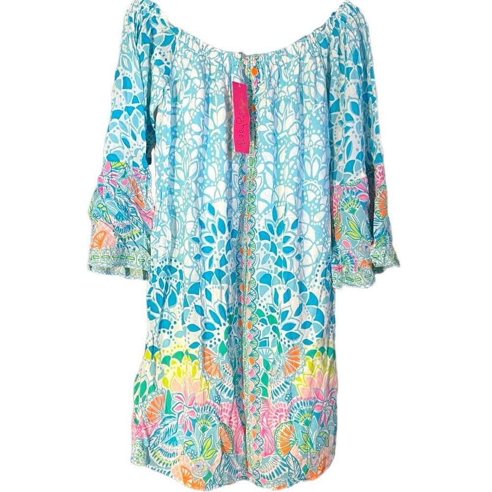 NEW Lilly Pulitzer Nevie Mini Dress Caribbean Citrus Blue Off Shoulder Small NWT
